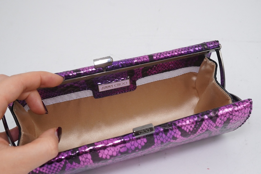 A Jimmy Choo purple and black metallic python? clutch bag